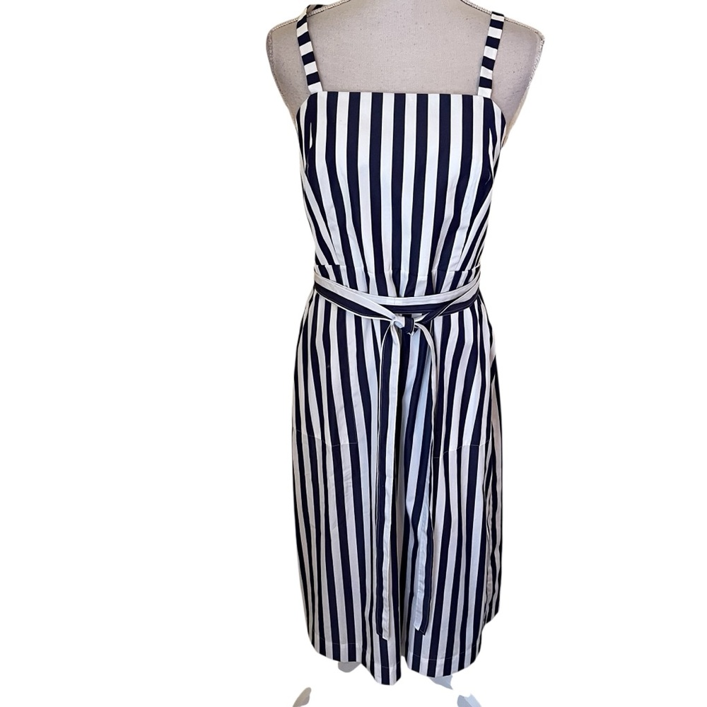 J. Crew/Thomas Mason Navy Blue/White Cotton Striped Apron Tie Midi Dress 12 - Picture 2 of 10